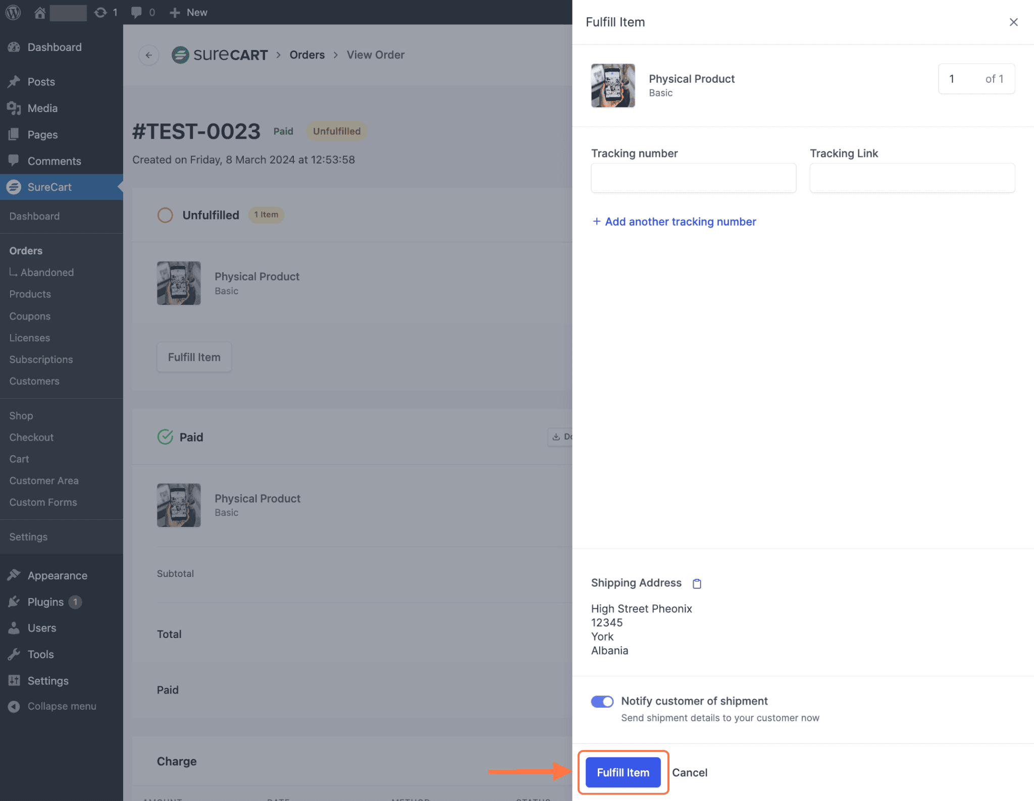 click on the Fulfill Item button 