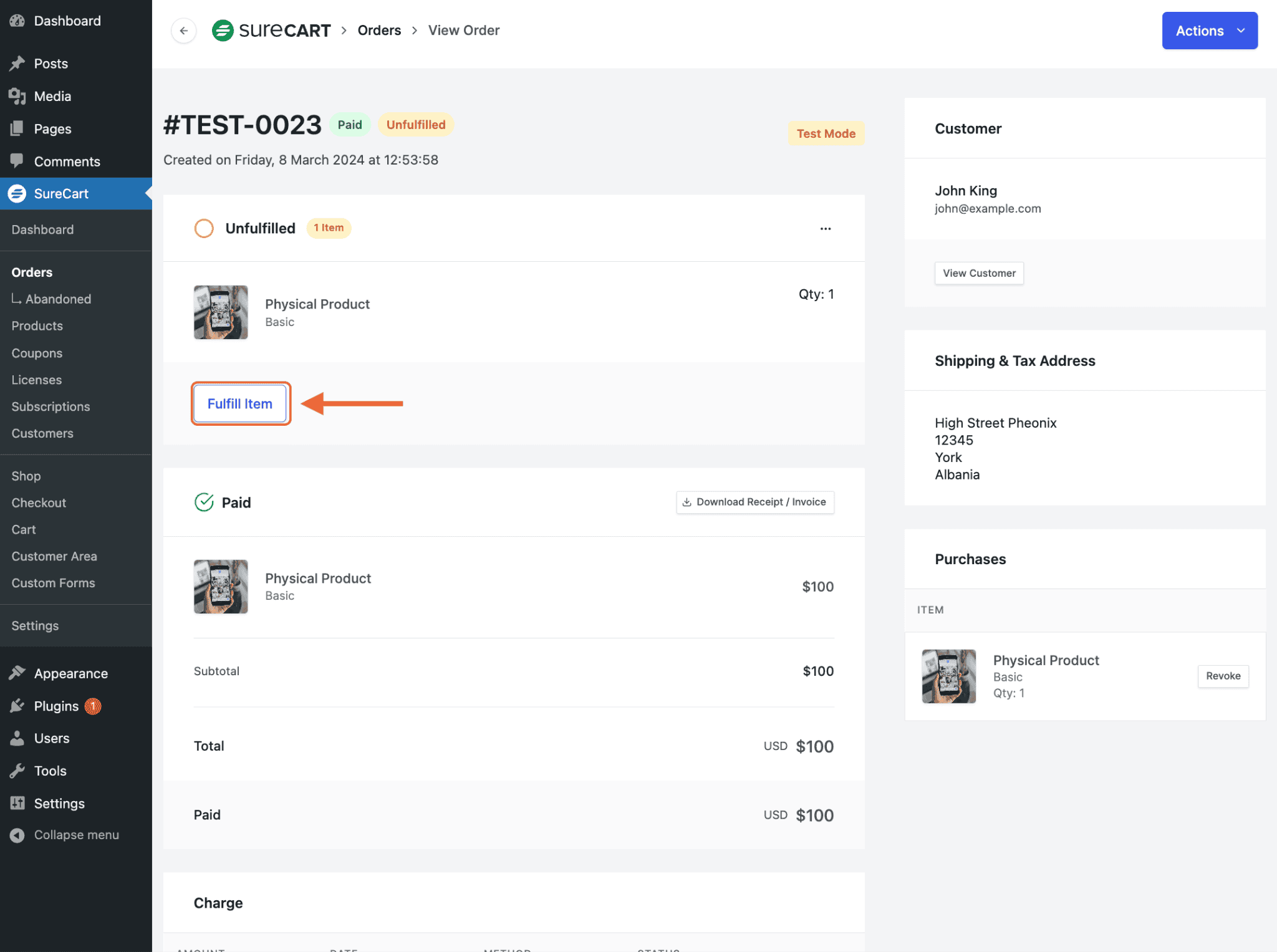 Click on the Fulfill Item button