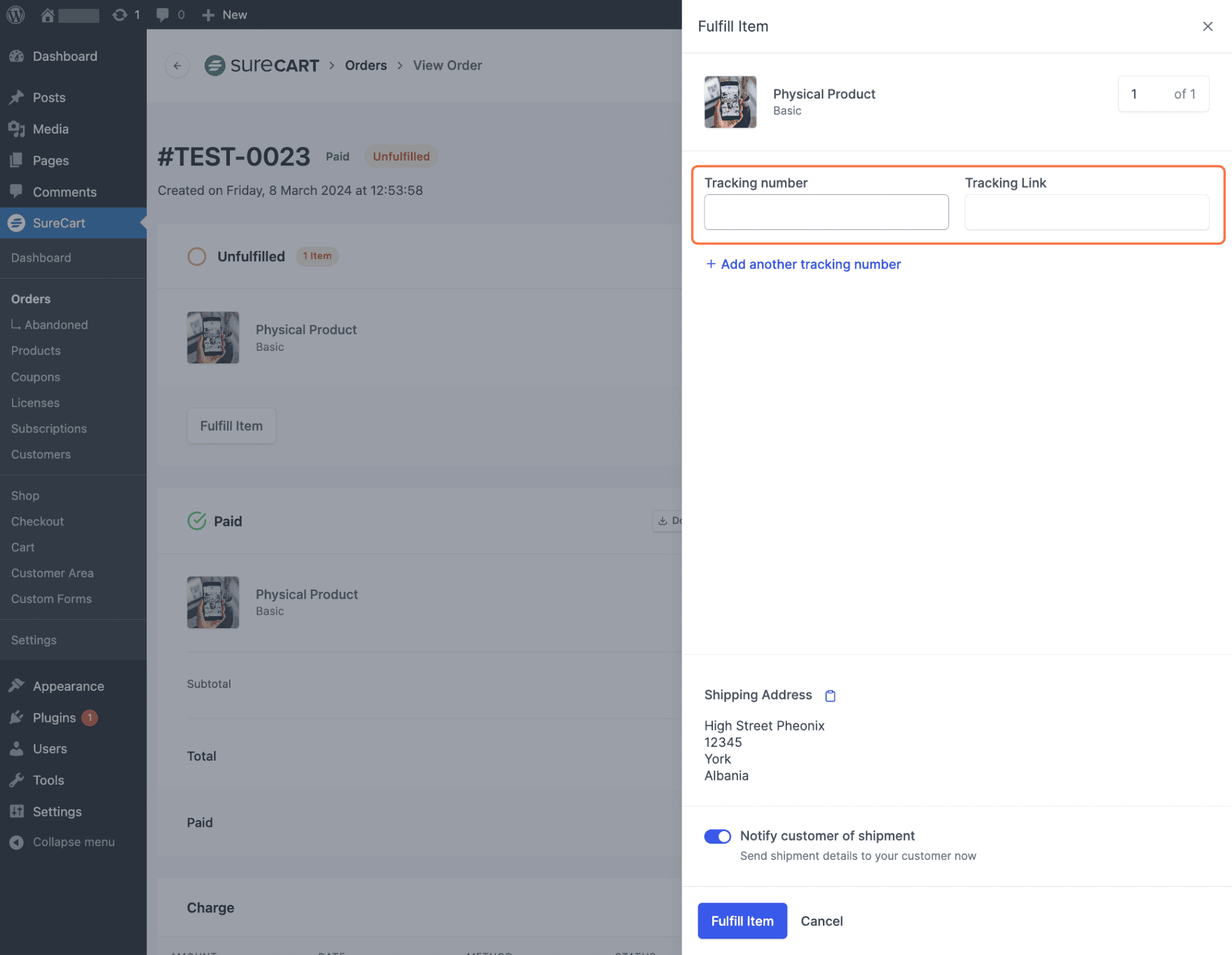 Enter tracking number and tracking link