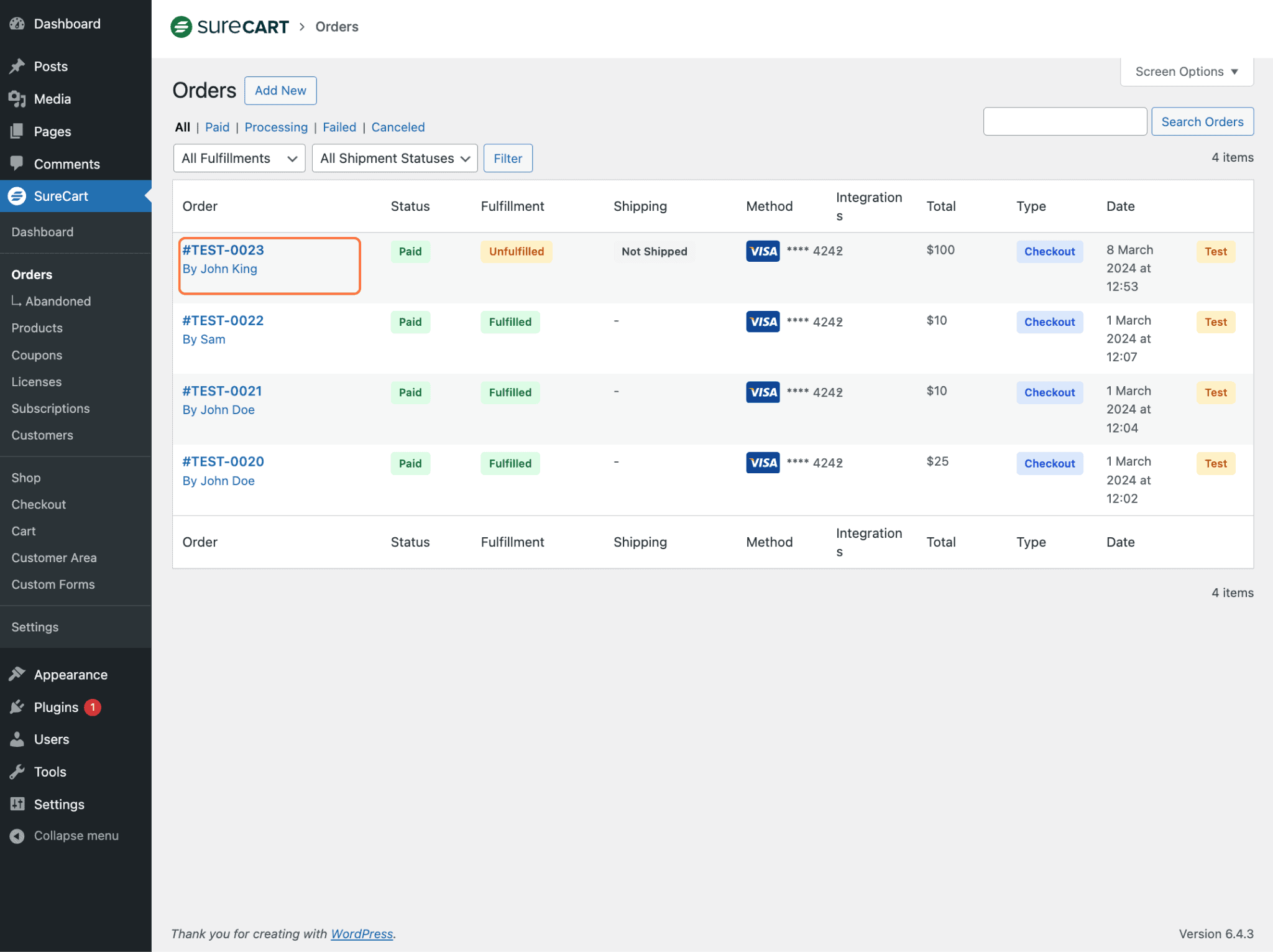 Select order from the Orders section