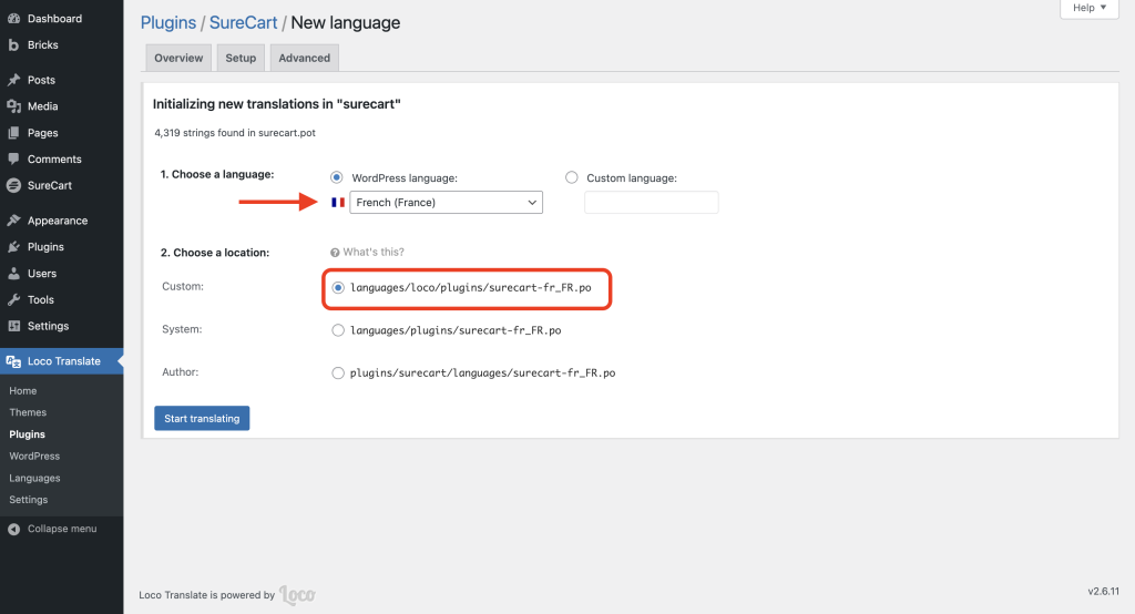 choose your language, set custom, and start translating