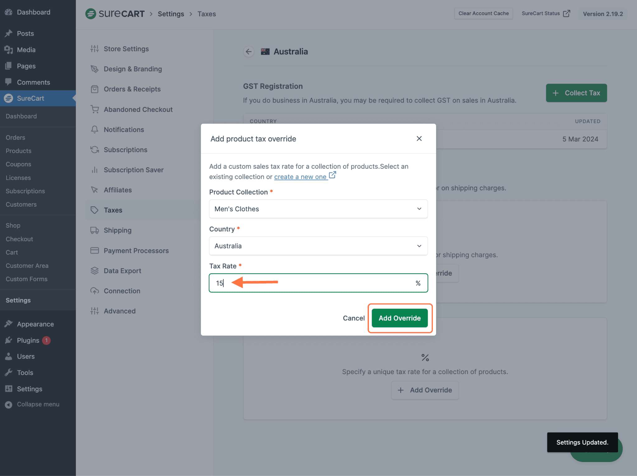 Enter Custom Tax rate and Add Override